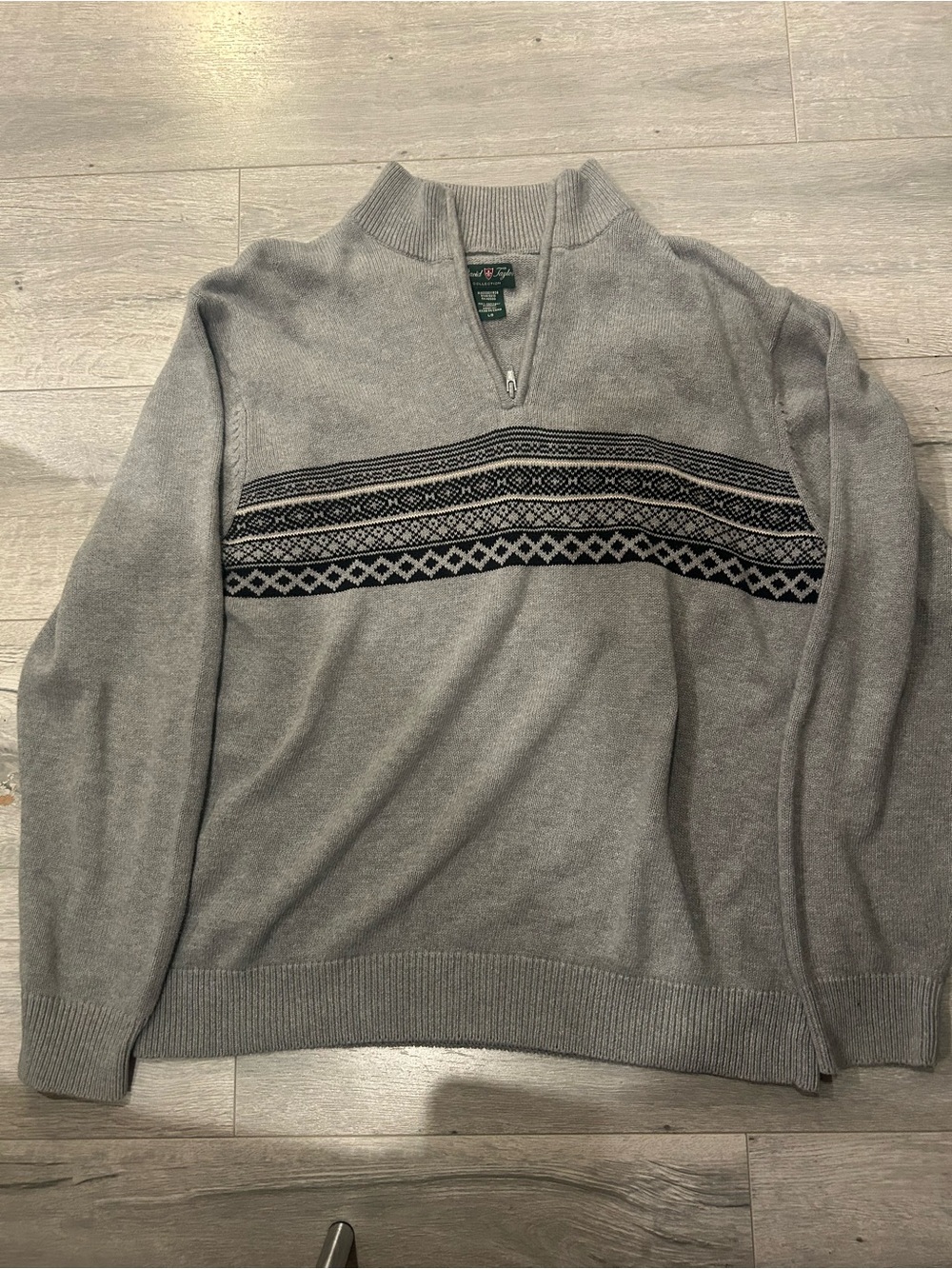 David Taylor Light Gray Zip-Neck Sweater with Black Fair Isle Stripe